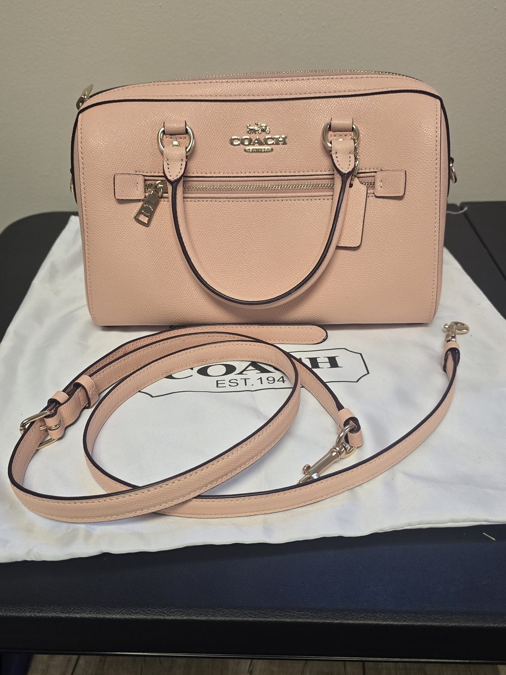 COACH Rowan Pebbled Leather Satchel Handbag in Blush Pink